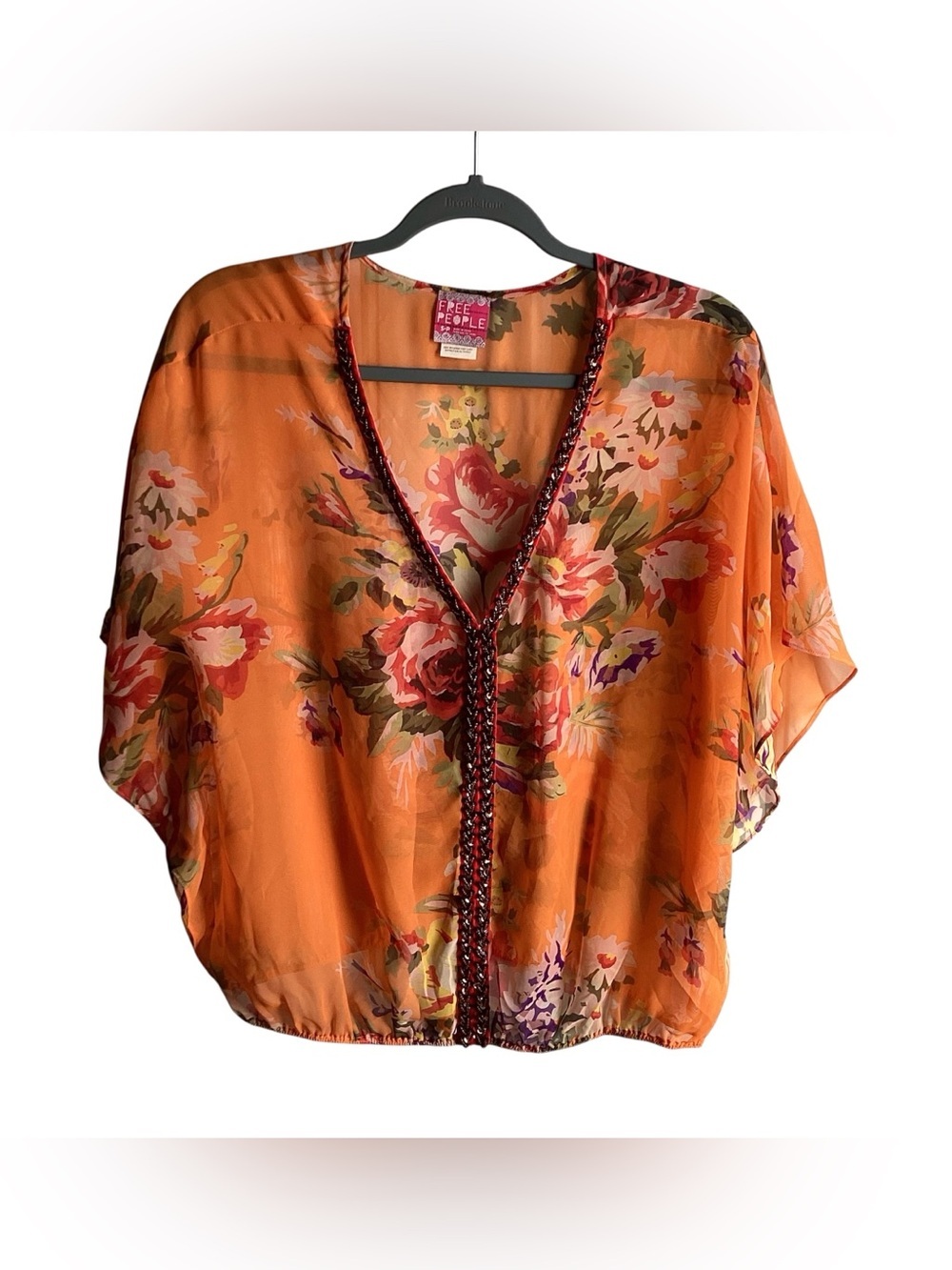 Free People Orange Floral Sheer V-Neck Beaded Blouse